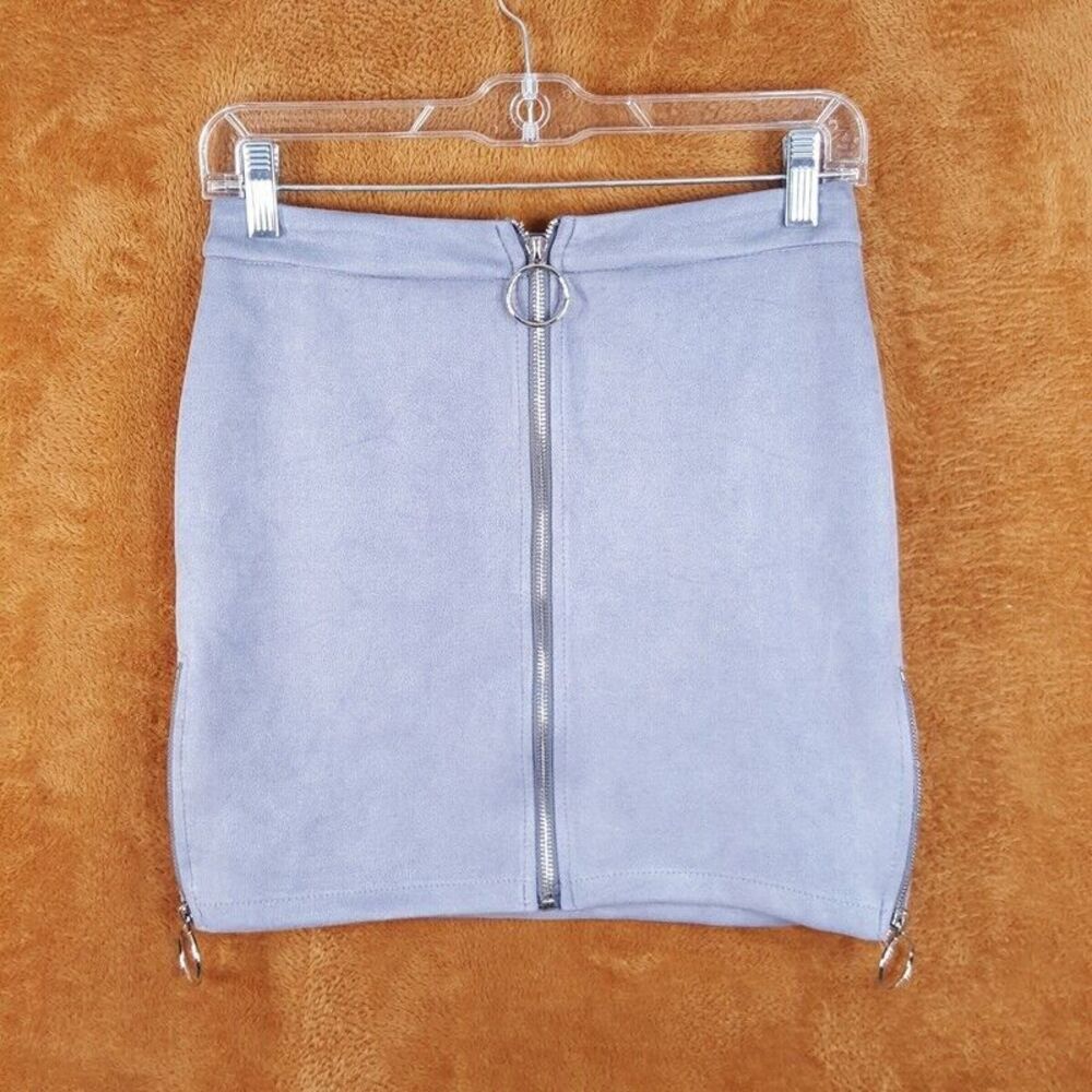SEEK THE LABEL Womens Skirt Small Gray Mini Zip Front Stretch Faux Suede